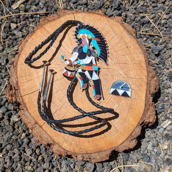Bolo Tie Zuni Native American Sterling Silver Inlay Rare Chief‎ Ceremonial *** - Picture 9 of 12